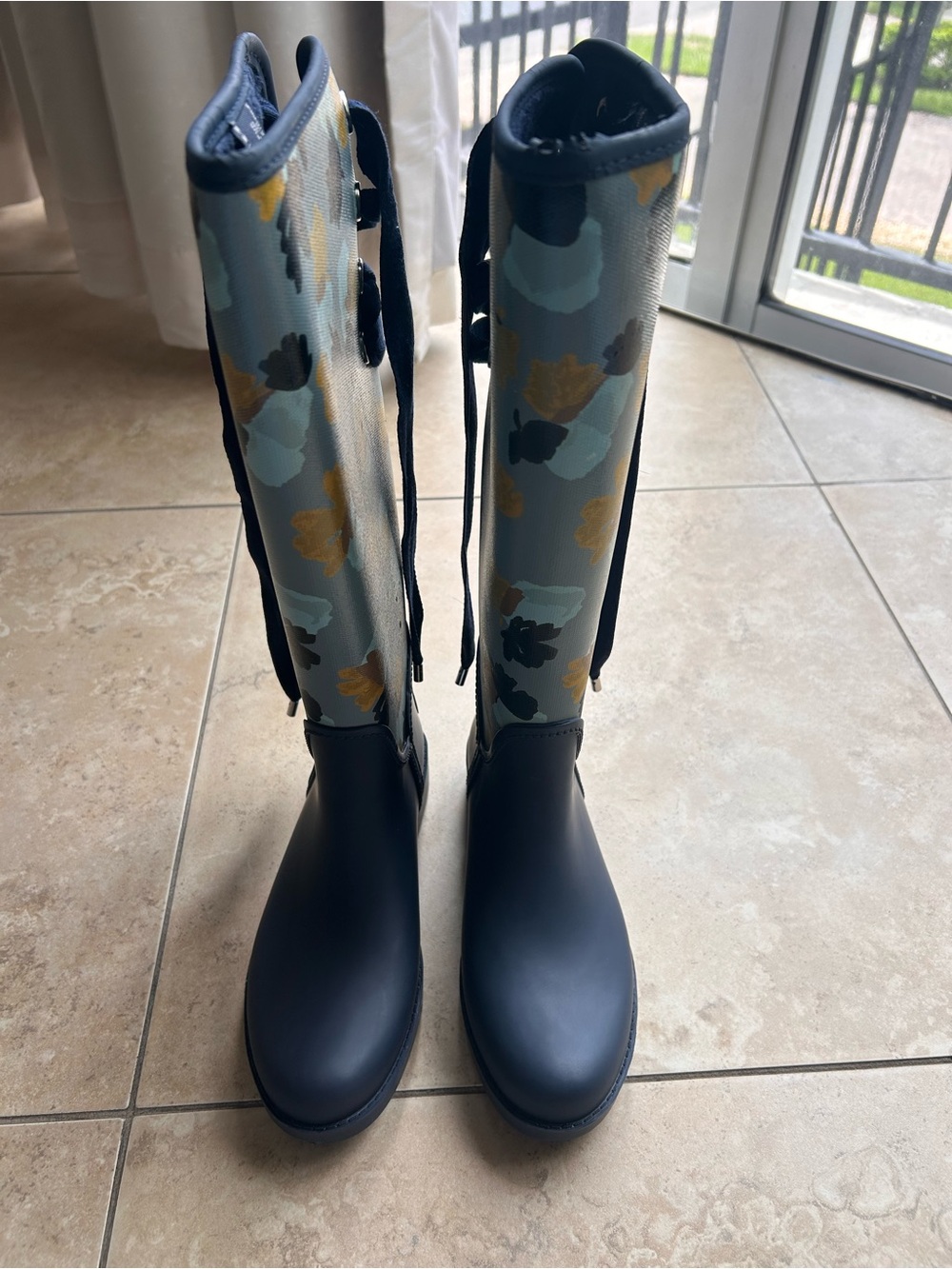 Coach Navy Cornflower Floral Lace-Up Boots